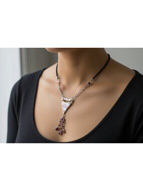 Repurposed Porcelain Love Banner Necklace - Vintage Garnet Tassel - Silver Chain